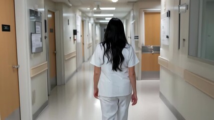 caregiver advances through hospital hall, medical professional moves steadily along corridor, dedicated female nurse navigates bright hospital hallway with purpose and professionalism
