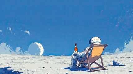 An astronaut sits in a beach chair on the surface of the Moon, holding a bottle of beer