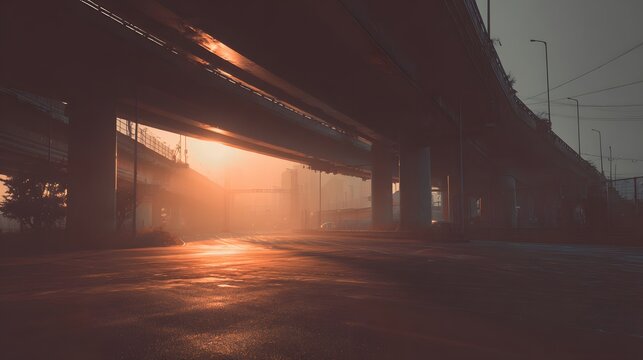 Sunrise under a highway overpass with warm orange glow on wet road surface