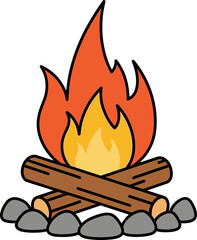 Cozy Campfire Illustration: A Cartoon Bonfire with Flames, Logs, and Stones on Black Backdrop
