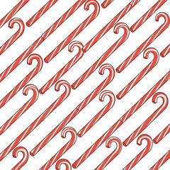 A repeating pattern of red and white striped candy canes arranged diagonally on a white background, creating a festive and sweet design.