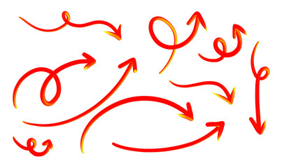 Dynamic set of vibrant glowing red and yellow hand-drawn arrows pointing in various directions, indicating movement, flow, and direction.