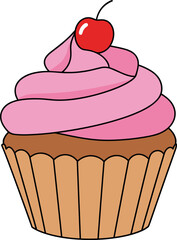 Delightful cupcake illustration with pink frosting and cherry on top against a black background