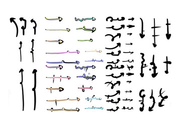 Colorful neon glowing hand-drawn arrows set with diverse styles indicating direction, movement, and flow design elements for interface.