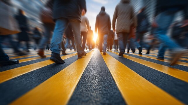 A busy street with a group of people walking in a line. The street is lined with yellow stripes, which create a sense of order and direction for the pedestrians. The people are carrying various items - Powered by Adobe