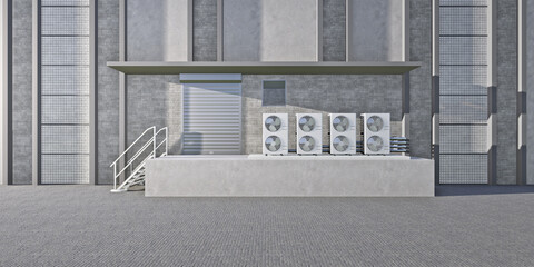 3d rendering of condenser units outside modern building with empty space on paver brick block flooring. Architectural design combined with building utility infrastructure for climate control.