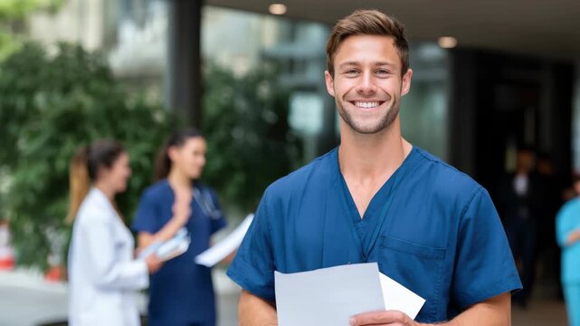 smiling caucasian male nurse holding charts outside hospital entrance, blue scrubs, colleagues blurred in background, professional demeanour and clinical paperwork in hand