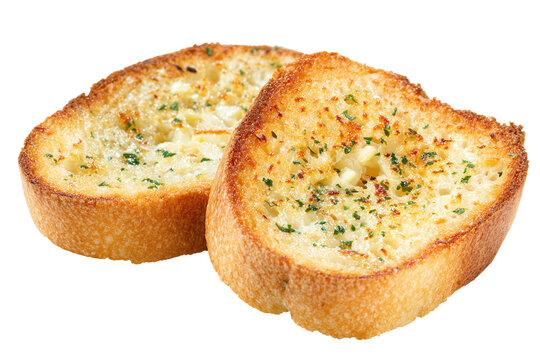 Two golden brown slices of garlic bread, seasoned with herbs, isolated on white isolated on transparent background