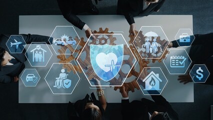 A top-view image showcasing professionals collaborating in the healthcare sector, featuring digital icons symbolizing innovation, safety, and wellness for enhanced business practices. Raster