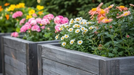 A community urban garden featuring a variety of flowers like daisies, hydrangeas, and roses, growing in shared garden beds.