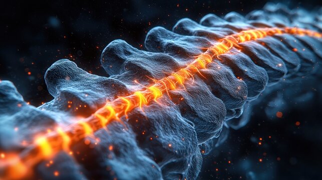 Spine with glowing neural pathway, surrounded by dark particles, blurred background - Powered by Adobe