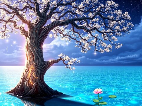 Ethereal Blossom Tree Reflecting Celestial Ocean Dreams