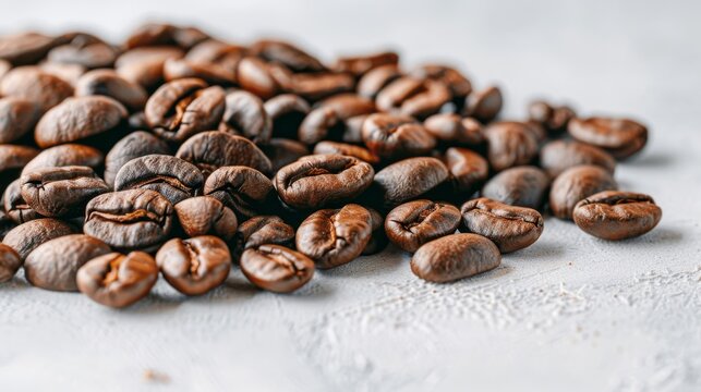 Close up of roasted arabica coffee beans on a white background for coffee enthusiasts