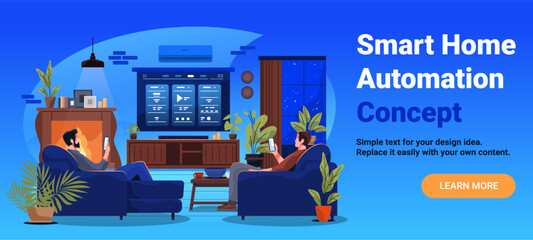 Fototapeta premium Smart home automation living room technology people using mobile devices modern interior plants fireplace night blue background website banner