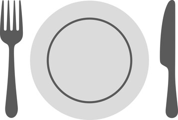 Simple flat illustration of an empty plate with a fork and knife on a black background