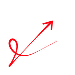 Hand drawn red arrow pointing diagonally upward and right, with a decorative loop. progress, growth, path, success concept.