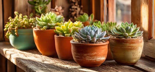 Collection of succulent plants in terracotta pots arranged on wooden windowsill with warm sunlight creating cozy home garden atmosphere.