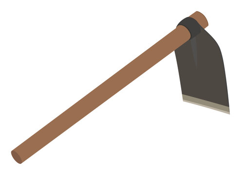 Flat vector farming hoe tool with long wooden handle