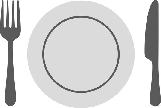 Simple flat illustration of an empty plate with a fork and knife on a black background