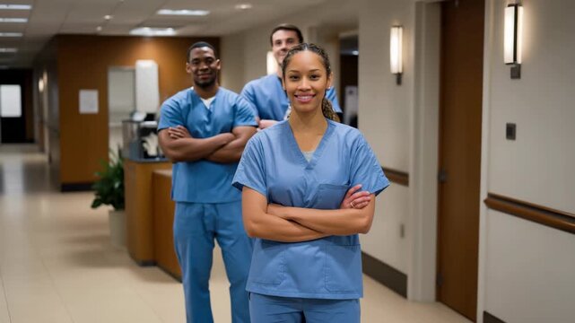 confident nurse leading, female nurse exudes confidence in supportive medical environment, healthcare professional embodies strength and teamwork within welcoming clinical setting