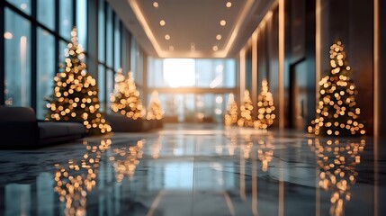 Modern office lobby decorated with illuminated Christmas trees creating warm festive atmosphere in corporate building with reflective marble floor.