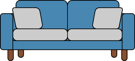 Stylized blue couch illustration with grey cushions in a modern graphic design style