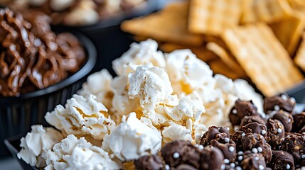 Assorted snack platter with chocolate rice cakes, popcorn, and crackers for party or movie night gathering.