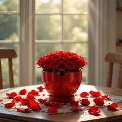 Romantic Heart Candle Surrounded by Rose Petals on Flat Surface 
