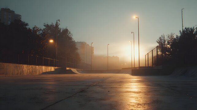Urban skatepark at dawn with glowing streetlights and hazy city skyline.