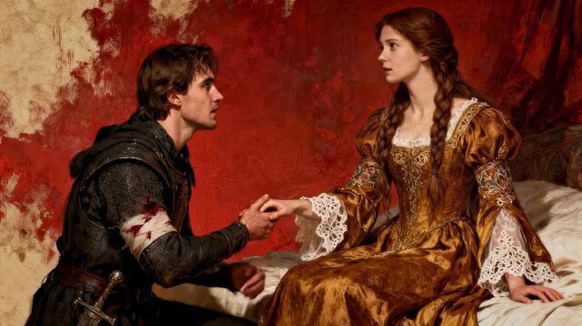 romantic medieval fantasy illustration of a noblewoman and a wounded knight