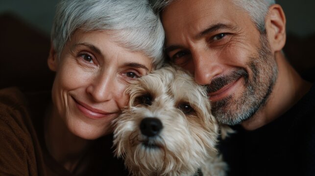 Close-up portrait of a middle-aged couple and their dog. the couple is smiling and looking at the camera. the woman has short grey hair and is wearing a brown sweater.
