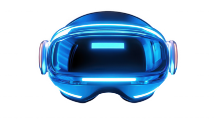 A futuristic blue vr headset with glowing neon lights on a black background in a studio shot view on transparent background