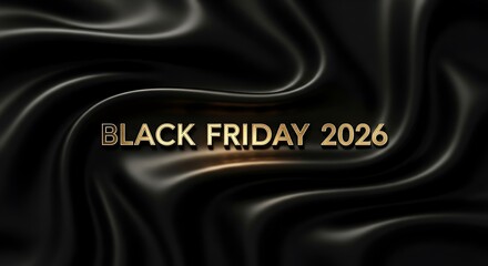 Get Ready for Black Friday 2026 Sale with Stunning Gold Text on Flowing Black Silk Background for a Luxurious Discount Promotion