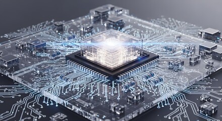 Closeup of a glowing computer chip on a circuit board, technology concept