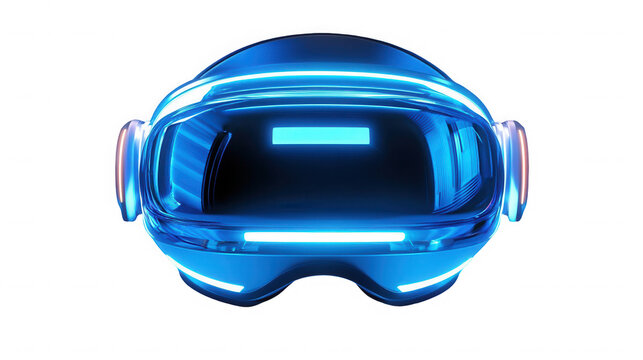 A futuristic blue vr headset with glowing neon lights on a black background in a studio shot view on transparent background - Powered by Adobe