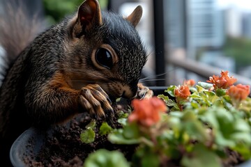 Close-up of gray squirrel with orange chest fur eating from potted plant with orange flowers on urban balcony with city skyline in background.