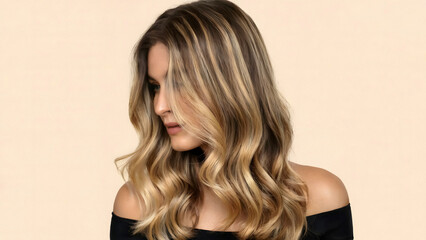 Fototapeta premium Stunning woman with flowing ombre hair showcasing salon-perfect style and radiant beauty in a soft studio setting
