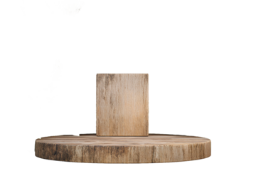 Wooden block and round slab display stand isolated on transparent background
