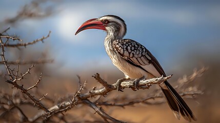Southern red-billed hornbill perched on dry branch in African savanna, showcasing distinctive curved beak and spotted plumage against blurred natural background.