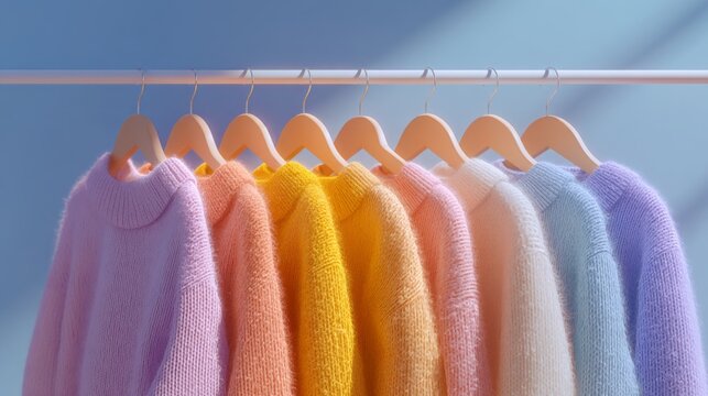A row of clothes hanging on a clothesline, with the colors of the clothes ranging from pink to yellow