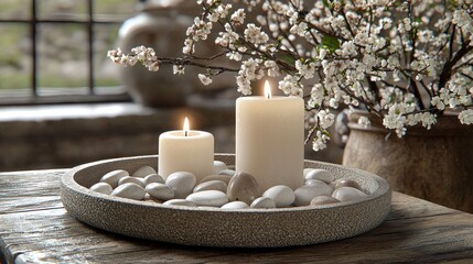 Two lit candles on a stone tray with pebbles, flowers in the background