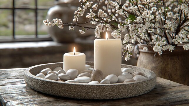 Two lit candles on a stone tray with pebbles, flowers in the background