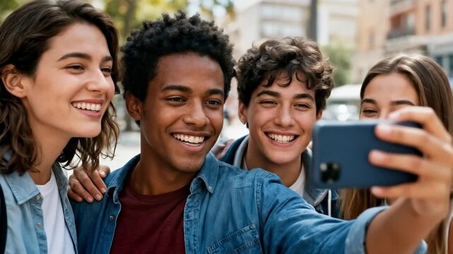 Group Taking Selfie Smartphone Happy Friends Moment