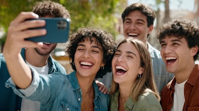 Group Taking Selfie Smartphone Happy Friends Moment
