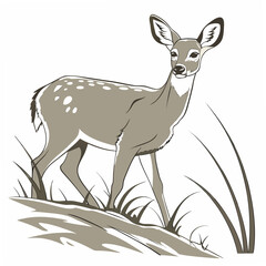A charming illustration of a young fawn standing alertly in a grassy field with a white background