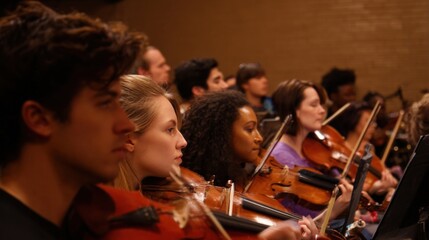Fototapeta premium Group of young musicians playing violins in an orchestra. they are sitting in rows of chairs and are facing the audience.