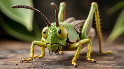 Fototapeta premium Close up extreme macro shot of a bright green grasshopper with large eyes on a wooden surface