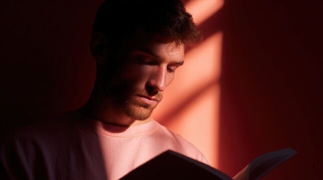 Close-up portrait of a young man reading a book. he is wearing a pink t-shirt and is standing in front of a red background. the man is holding the book in his hands and appears to be engrossed in it.