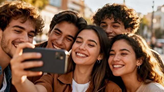 Group Taking Selfie Smartphone Happy Friends Moment