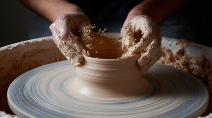 Person's hands working on a pottery wheel. the person is using their hands to shape a small vase on the potter's wheel, which is made of clay and has a smooth surface.